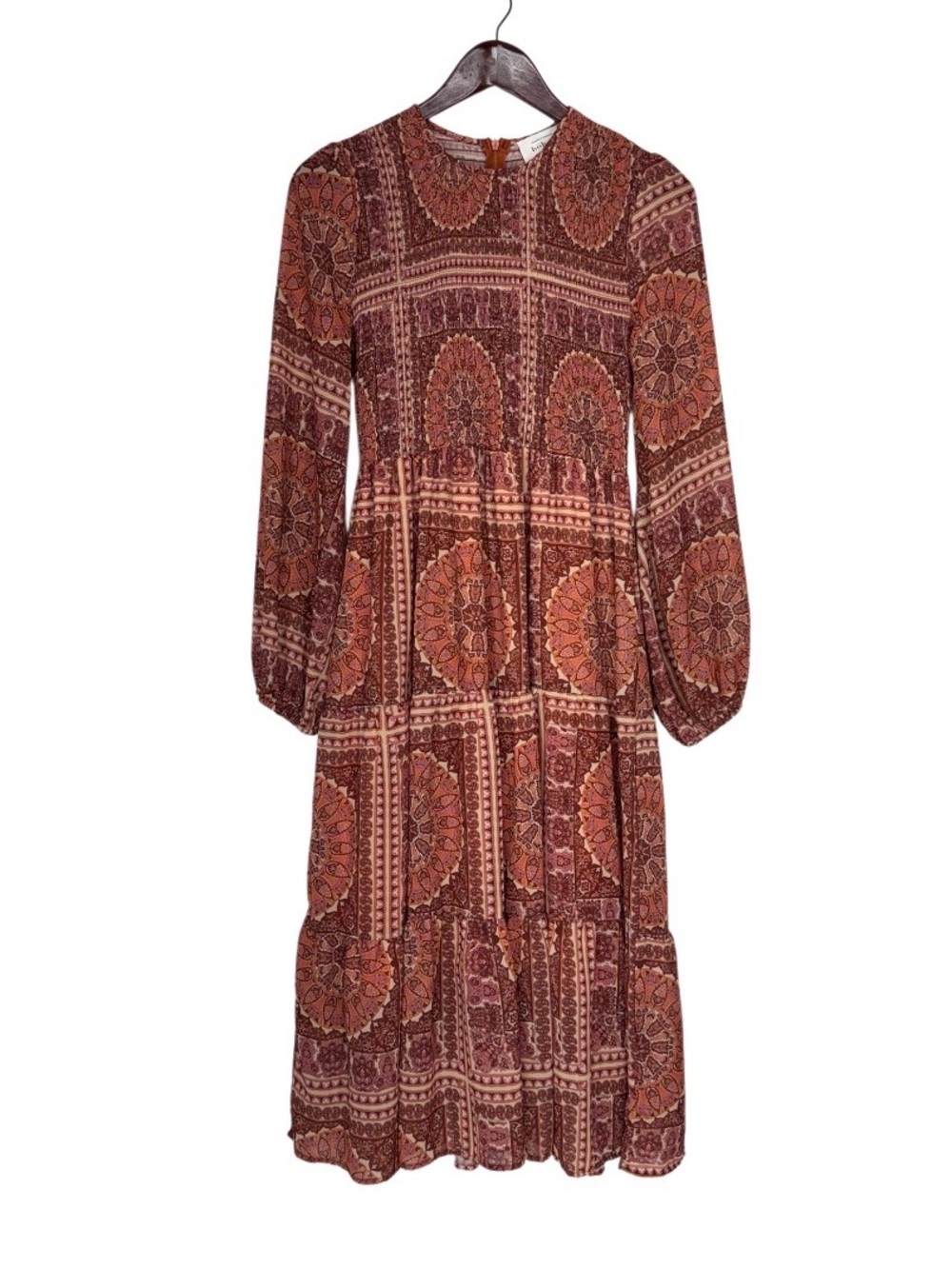 Böhme Boho Peasant Prairie Rust Orange Smocked Panel Long Sleeve Maxi Dress